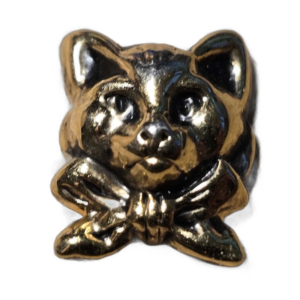 Vintage Gold Tone Textured Cat Face Kitten Bow Hat Vest Lapel Pin E16